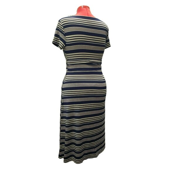 Talbots Faux Wrap Dress, Navy & Beige Striped, M, Short Sleeve, Rayon/Spandex - Picture 4 of 8